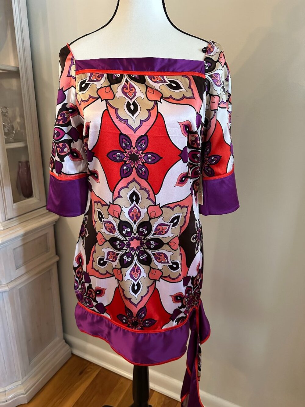 NWT Bebe Reversible Tie Hem Tunic Dress Purple Orange Print S